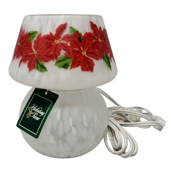 Christmas Red Poinsettia White Speckled Art Glass Mushroom Table Lamp 7 Inch - Picture 2 of 8